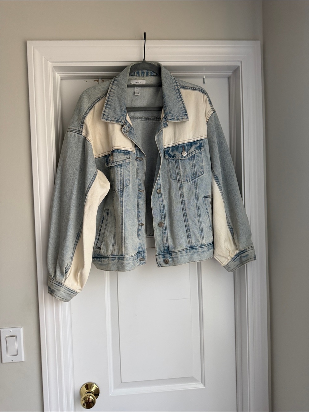 Forever 21 Two-Tone Light Wash Denim Jacket with Cream Panels